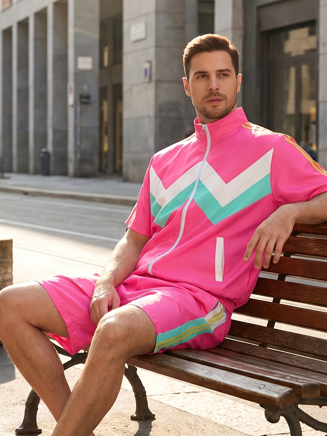 Men's 80s Workout Costume, Retro Color Block Sports Outfit